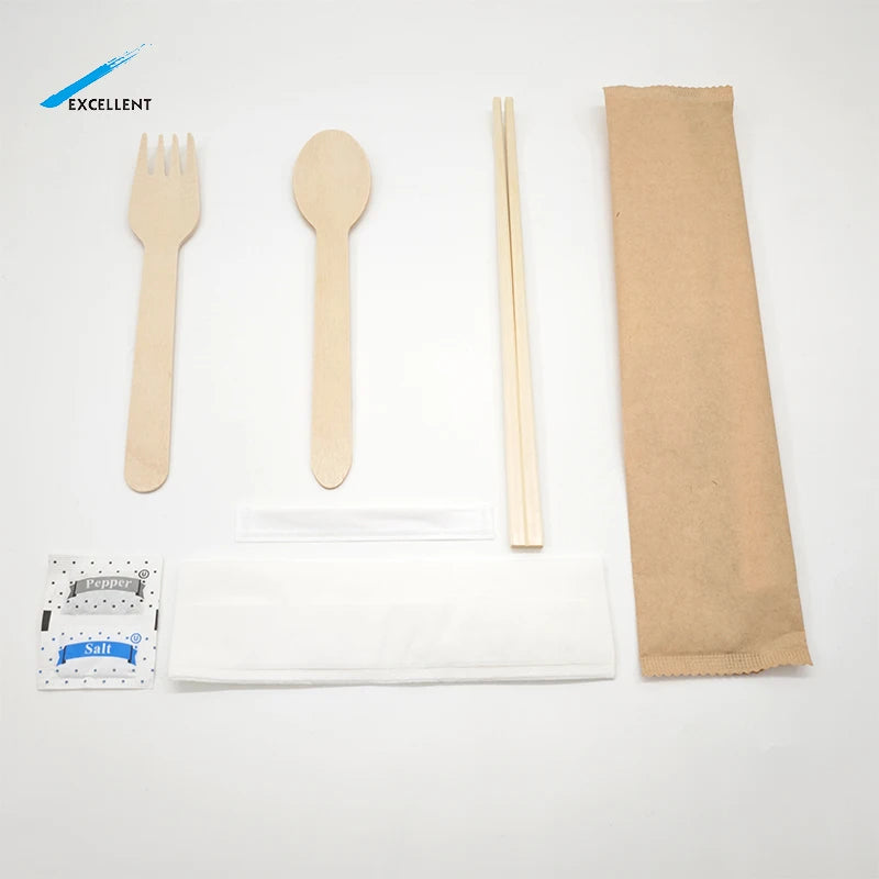 160mm Wooden Knife Fork Spoon Set Paper Includes Napkin Wooden Disposable Cutlery Individual Packing