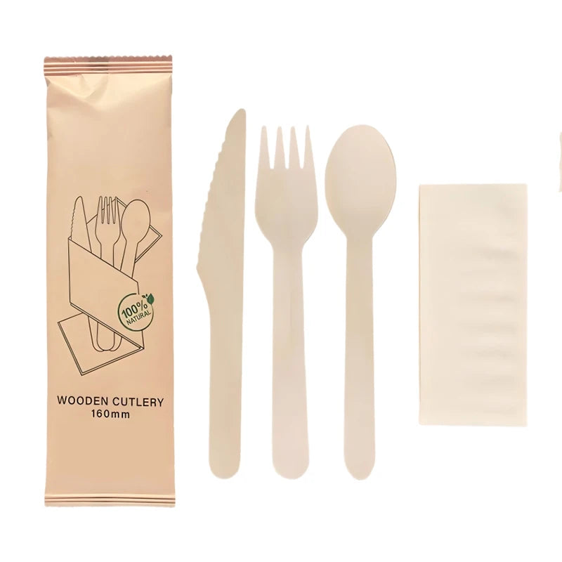 Disposable Natural Birchwood Wooden Spoon Fork Knife Set High-Quality Wooden Cutlery for Hotel Biodegradable Cutlery Set