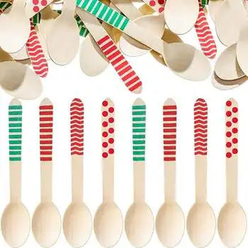 Weihnachts-Besteck Birkenholz, bunte Holzgabeln, Löffel, Messer, 15,2 cm Länge, Einwegbesteck-Set