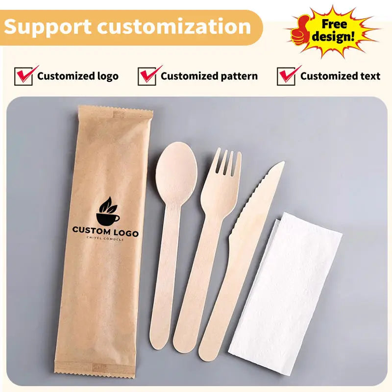 Biodegradable Disposable 160mm Eco Friendly Natural Birch Takeaway Wooden Forks Spoons Knives Cutlery Utensil Set for Wed