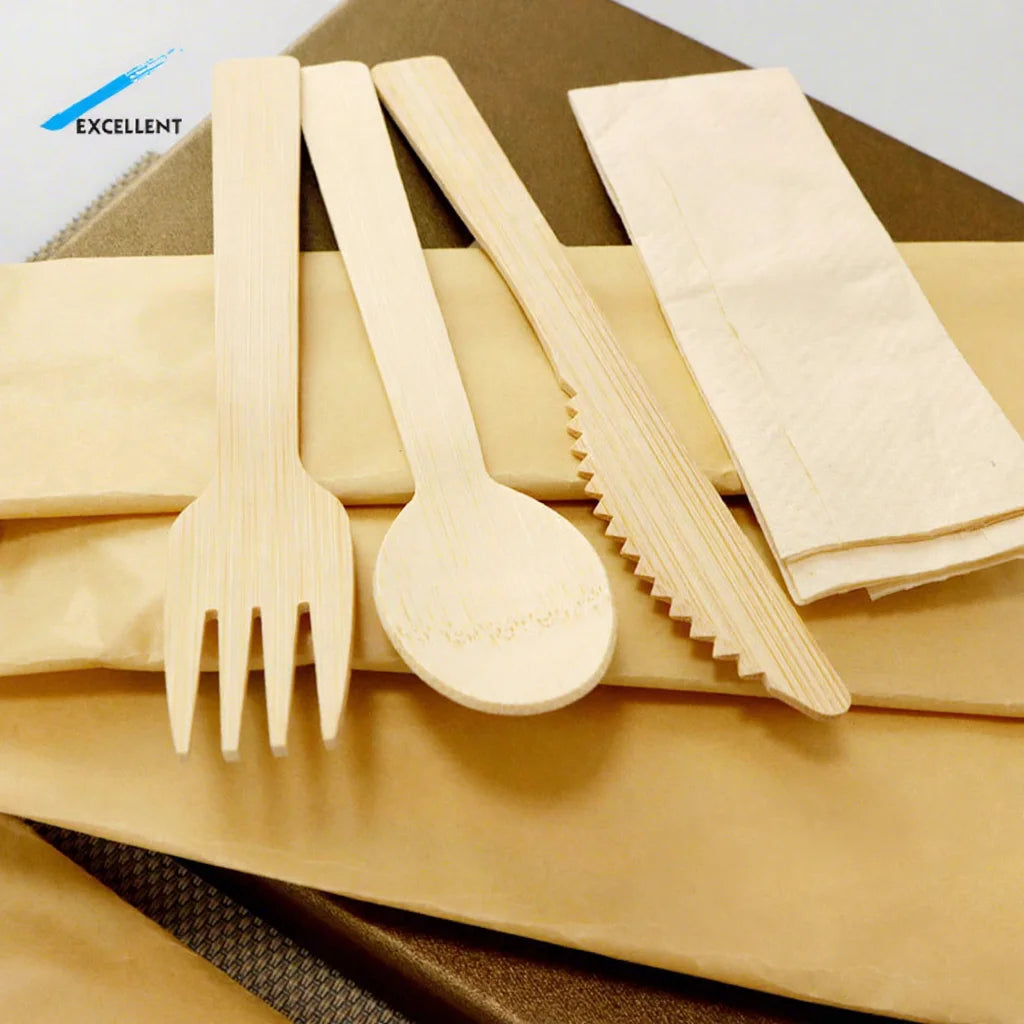 Free Samples Disposal Eco Friendly Bamboo Spoon Fork Knife Napkin Disposable Bamboo Cutlery Set