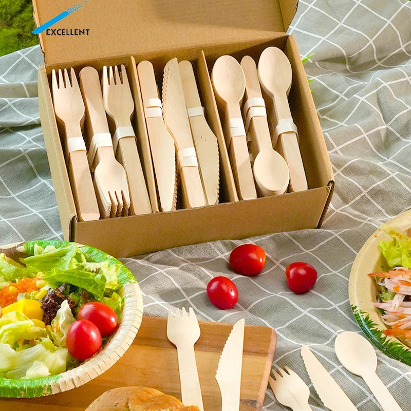 Biodegradable Environment Friendly Disposable Wooden Knife Spoon Fork Cutlery Set for Family Party