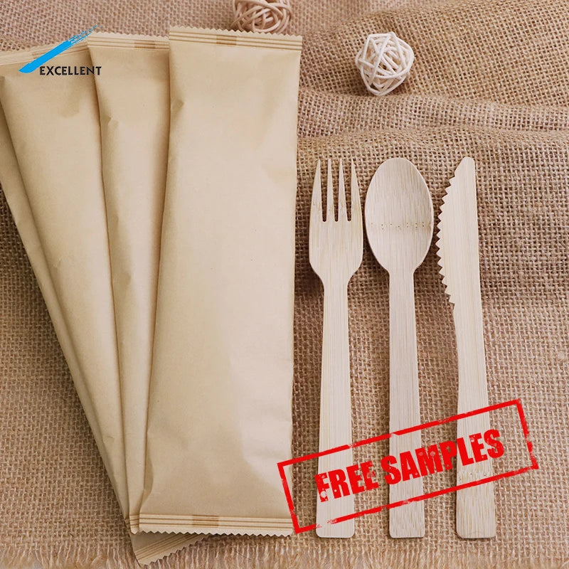 Wholesale Customized Disposable Bamboo Fiber Cutlery 140mm Bamboo Fork Knife and Spoon Set Bamboo