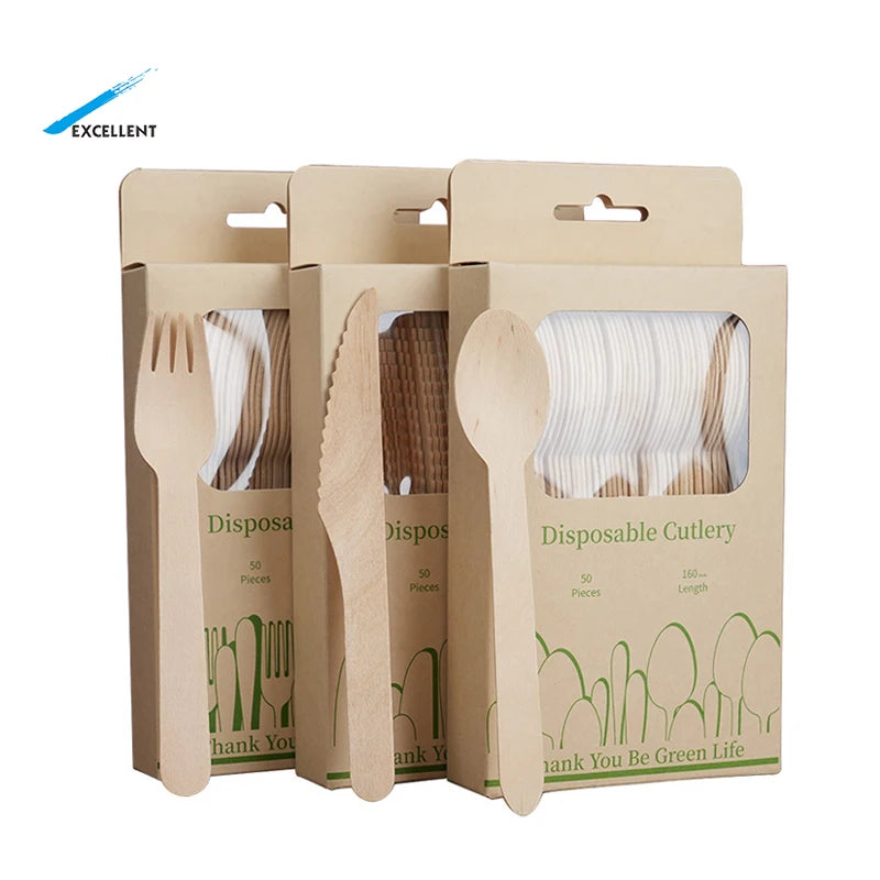 Good Quality Control Disposable Wooden Forks, Spoons, Knives Set, Compostable Wooden Utensils Earth-Friendly Alternative