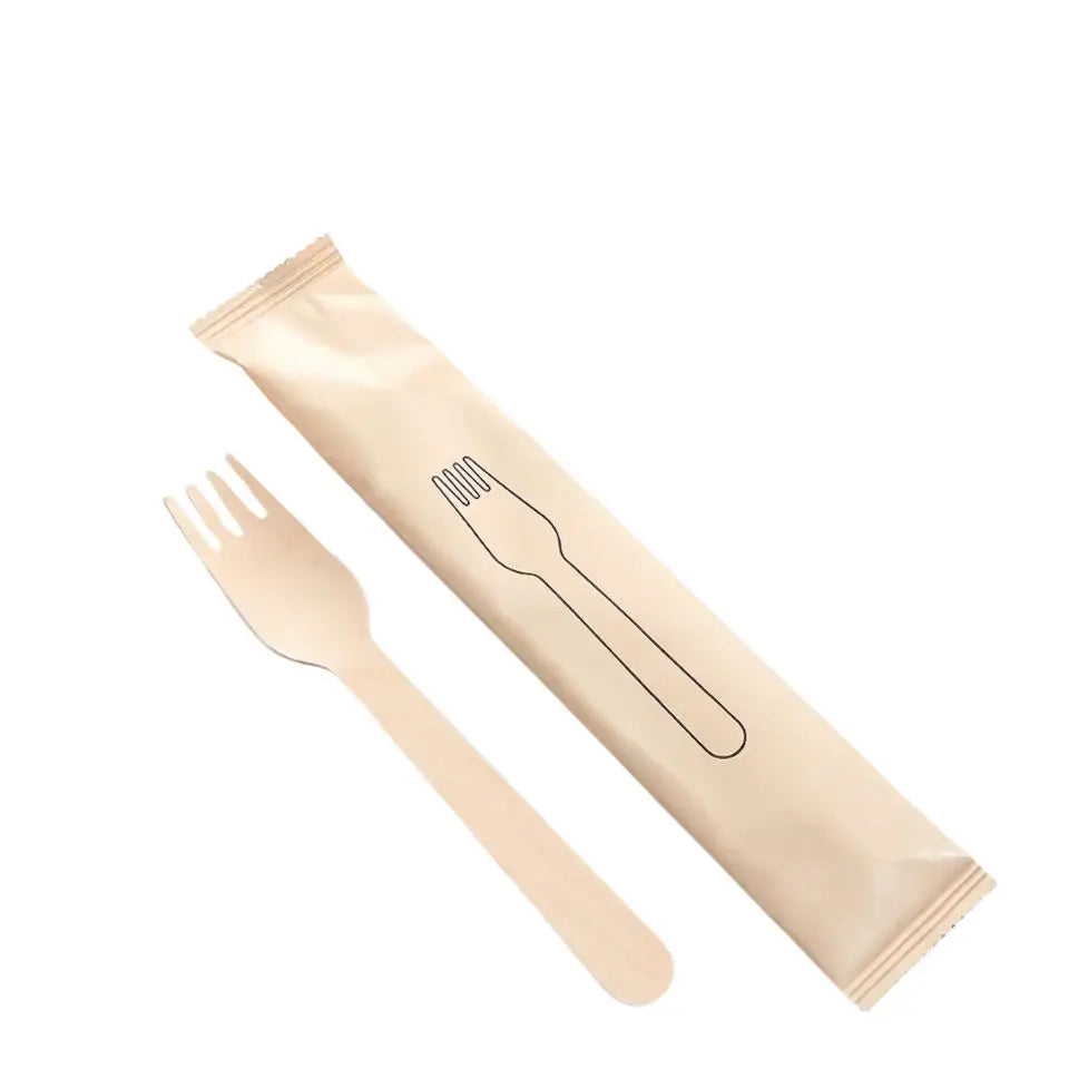 Eco-Friendly Disposable Mini 160mm Wooden Spoon Knife Fork Biodegradable Individual Paper Wrapped Cutlery Heat Resistant Camping