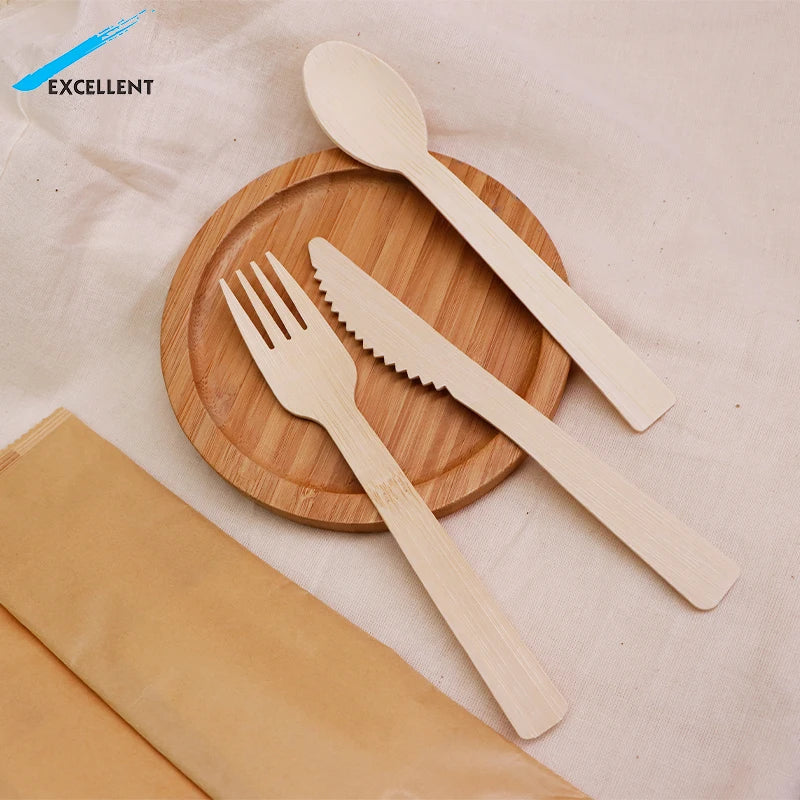 Factory Supply Kitchenware Cutlery Flatware Set Custom Logo Natural Eco-friendly Bamboo Knife Fork Spoon