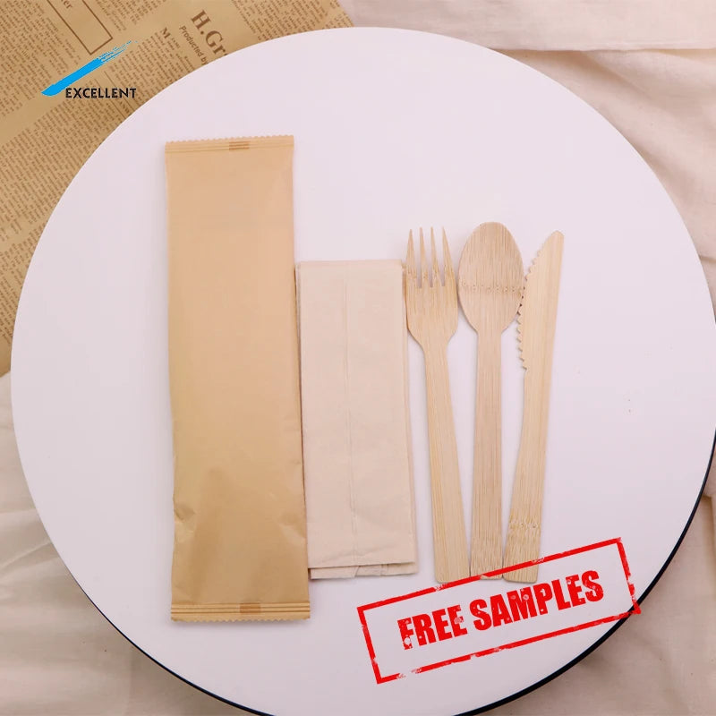 Free Samples Disposal Eco Friendly Bamboo Spoon Fork Knife Napkin Disposable Bamboo Cutlery Set