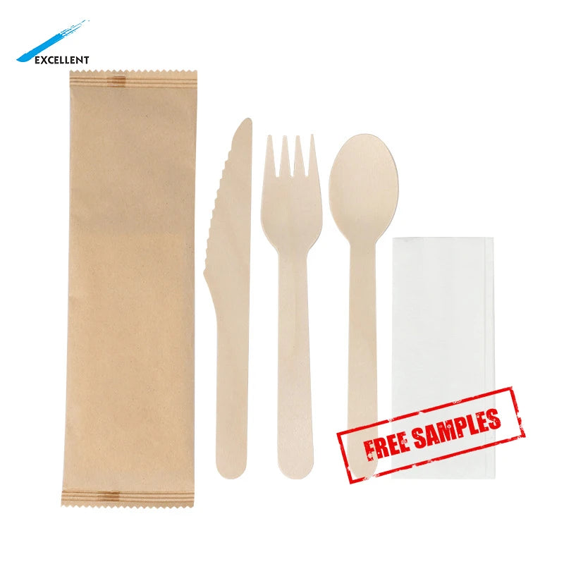 Free Samples Hot Selling Wholesale High Quality Eco Friendly Wooden Spoon Knife and Fork Wooden Disposable Cutlery Set