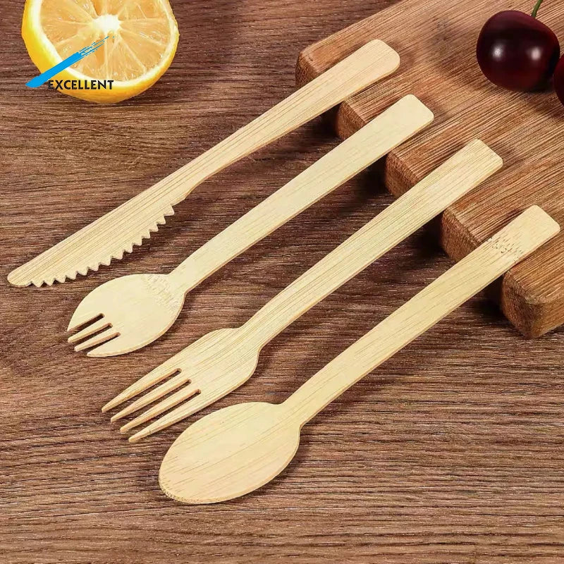 Free Samples 170mm Disposable Bamboo Fork Spoon Knife Set Disposable Bamboo Cutlery