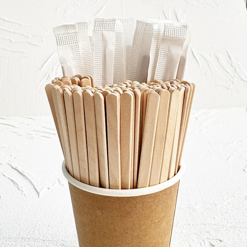 Customized Individual Wrap Paper Coffee Stick Disposable Wooden Coffee Mixer Eco Friendly