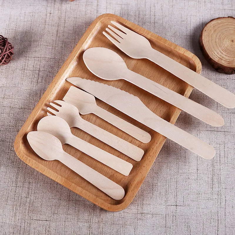 Biodegradable Environment Friendly Disposable Wooden Spoon Knife Fork Cutlery Set for Family Party