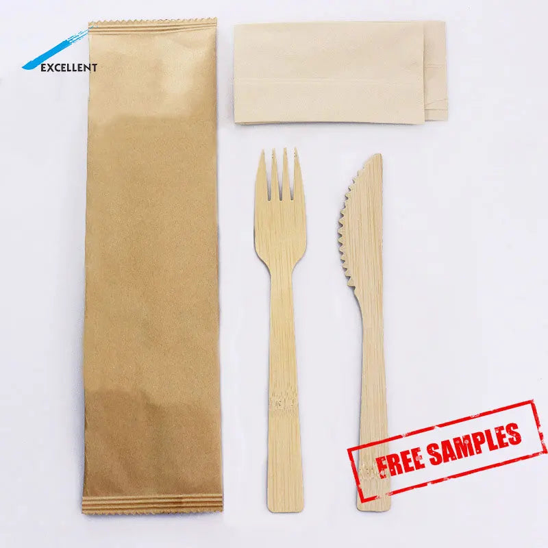 Free Samples  Bamboo Eating Fork Knife Spoon 170mm Disposable Bamboo Fork Spoon Knife Set