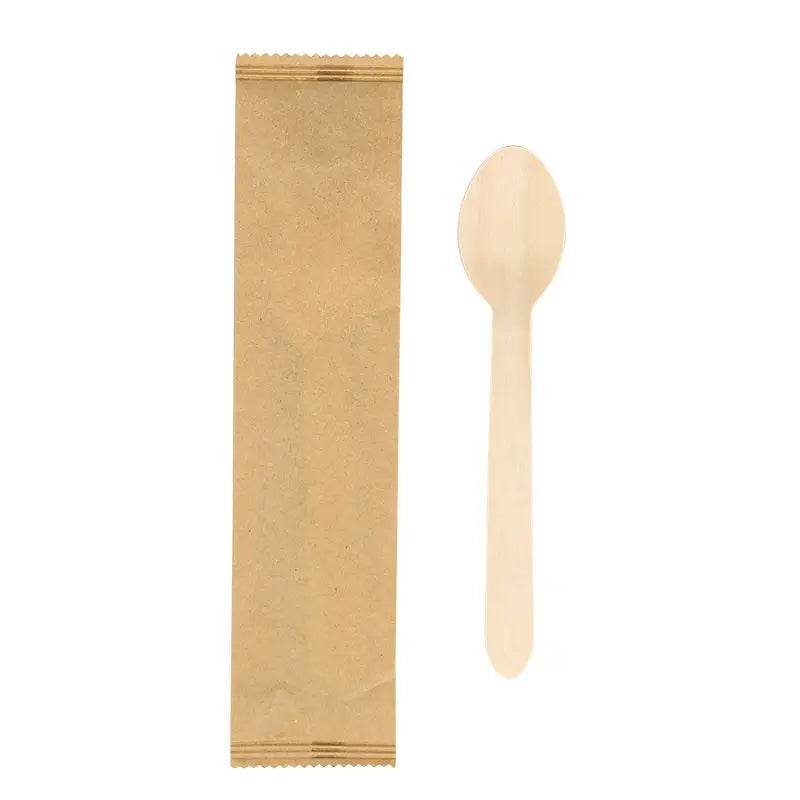 Eco-Friendly Disposable Mini 160mm Wooden Spoon Knife Fork Biodegradable Individual Paper Wrapped Cutlery Heat Resistant Camping