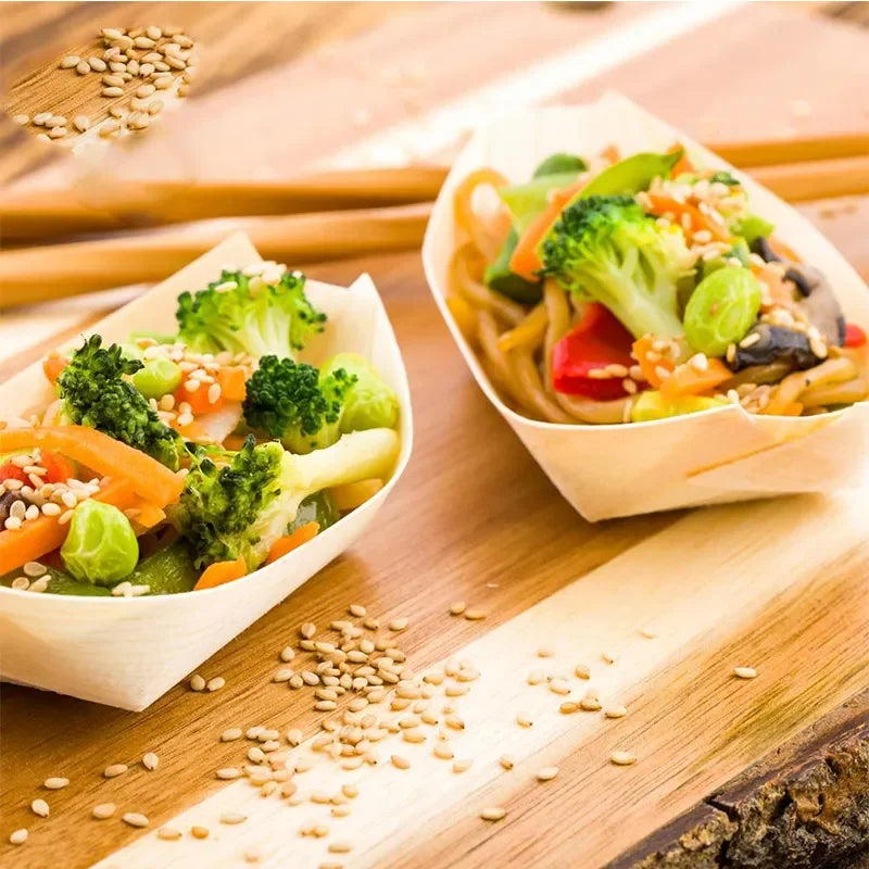 7-Inch Disposable Birch Wood Boat Shaped Sushi Plates Wooden Boat Bowls and Serving Tray Elegant and Eco-Friendly Sushi Tools