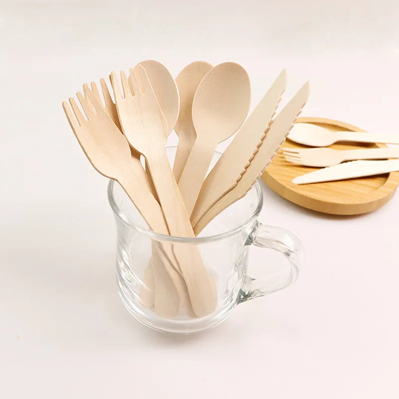 Disposable Wooden Fork and Spoon Knife Custom Takeaway Wooden Fork,Spoon,Knife,Napkin Set
