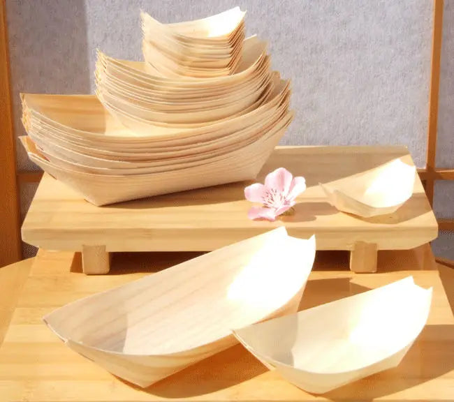 Sushi Boat Elegant Disposable Biodegradable Wooden Boat Ship Tableware Sushi Boat With Net Tray