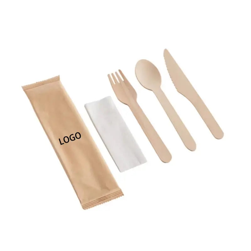 Disposable Wooden Fork and Spoon Knife Custom Takeaway Wooden Fork,Spoon,Knife,Napkin Set