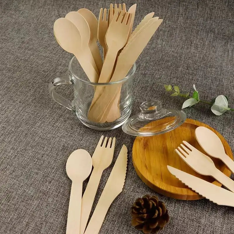 Eco-Friendly Wood Cutlery Biodegradable Disposable Customized Logo Printed Wooden Forks Spoons Knives Set