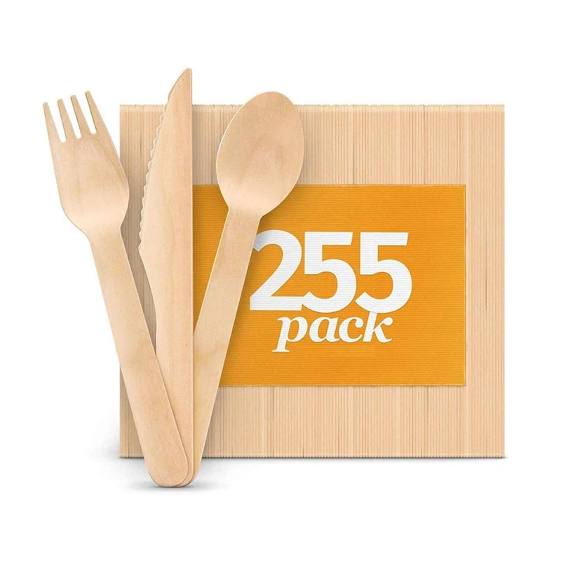 Eco-Friendly Wood Cutlery Biodegradable Disposable Customized Logo Printed Wooden Forks Spoons Knives Set