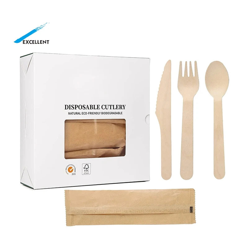 Biodegradable Cutlery Takeaway Sets Individually Pack Wooden Spoon Fork and Knife Wooden Cutlery
