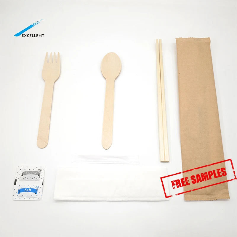 Biodegradable Cutlery Takeaway Sets Individually Pack Wooden Spoon Fork and Knife Wooden Cutlery