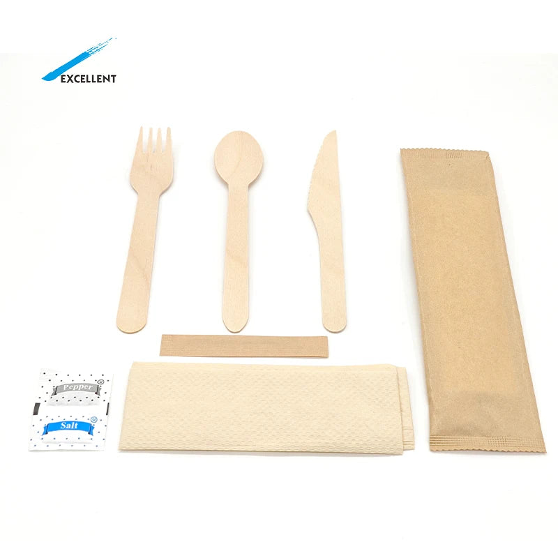 Biodegradable Cutlery Takeaway Sets Individually Pack Wooden Spoon Fork and Knife Wooden Cutlery