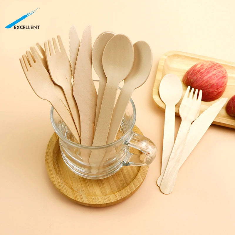 Biodegradable Environment Friendly Disposable Wooden Knife Spoon Fork Cutlery Set for Family Party