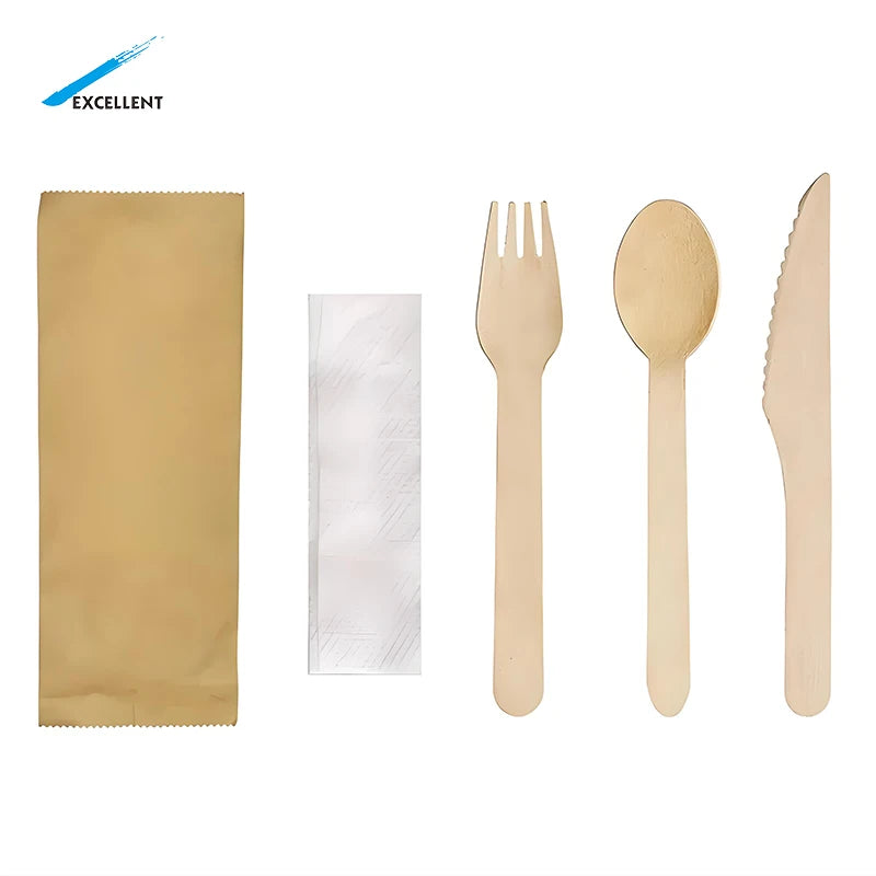 Biodegradable Disposable 160mm Eco Friendly Natural Birch Takeaway Wooden Forks Spoons Knives Cutlery Utensil Set for Wed