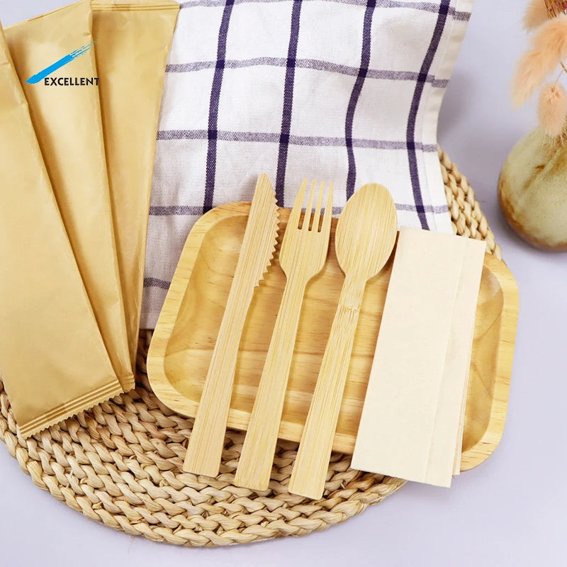 Custom Private Label Knife Fork Spoon Bamboo Cutlery Disposable Bamboo Fork Spoon Knife Set