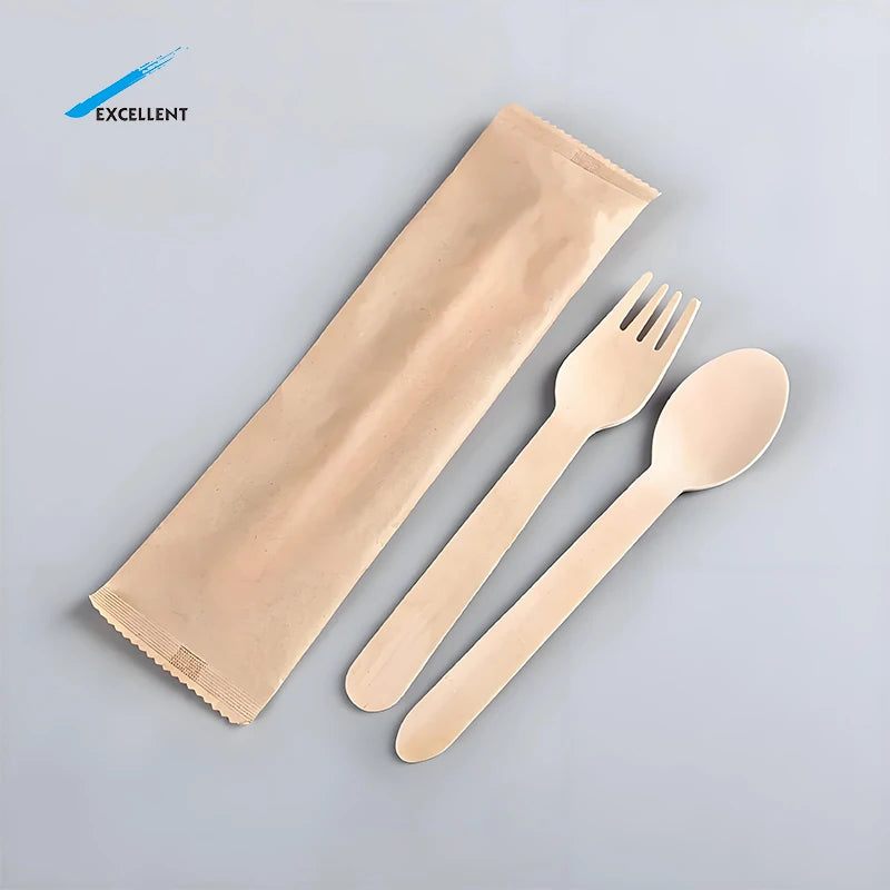 Birch Wood Individual Package Elegant Wooden Fork Spoon Disposable Pack logo