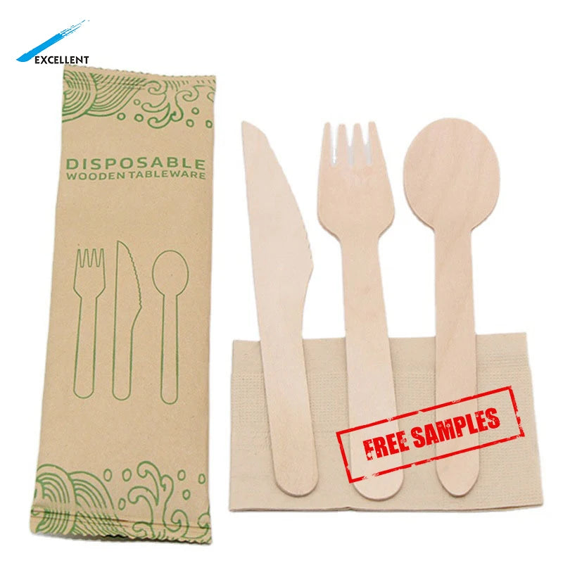 Biodegradable Cutlery Takeaway Sets Individually Pack Wooden Spoon Fork and Knife Wooden Cutlery
