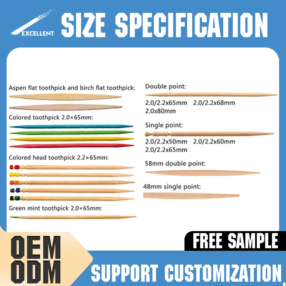 Customized Logo Natural Wooden Tooth Skewer Sticks Manufacturer Factory Price Low Bamboo Wooden Toothpicks