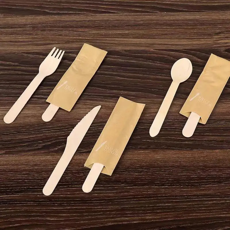 Eco-Friendly Disposable Mini 160mm Wooden Spoon Knife Fork Biodegradable Individual Paper Wrapped Cutlery Heat Resistant Camping