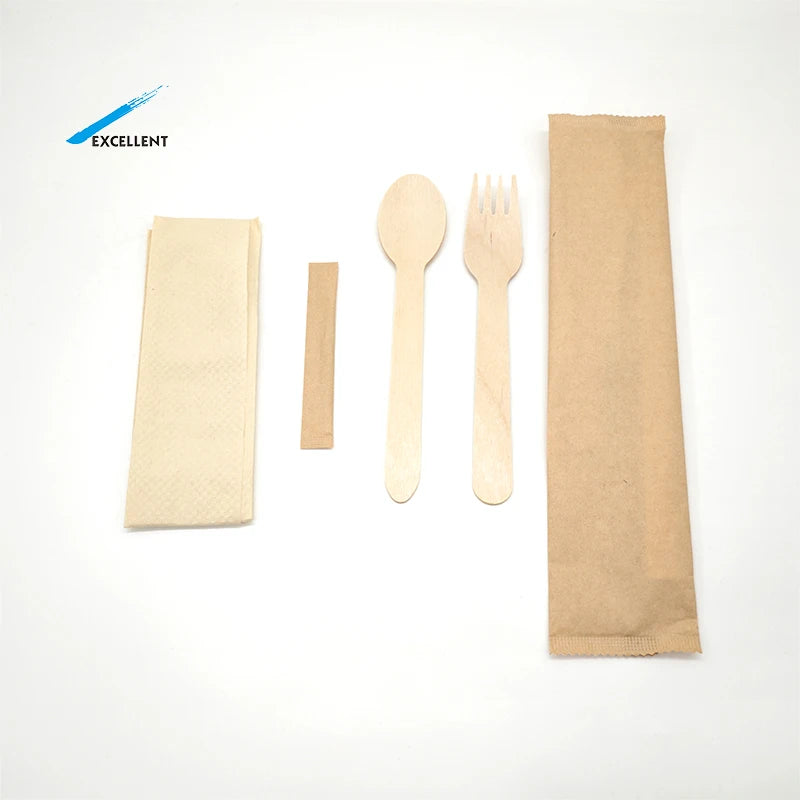 Biodegradable Cutlery Takeaway Sets Individually Pack Wooden Spoon Fork and Knife Wooden Cutlery