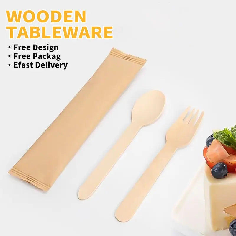 Birch Wood Individual Package Elegant Wooden Fork Spoon Disposable Pack logo