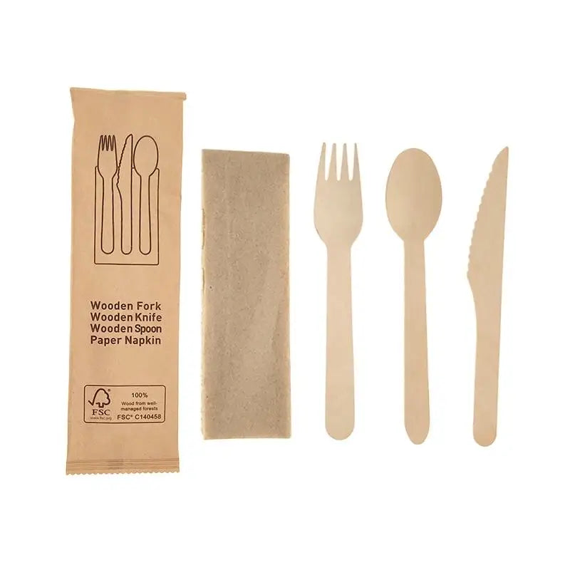 Hot Biodegradable Compostable 16cm Birch Wooden Cutlery Set Disposable Pre-Rolled Napkin Wooden Spoon Forks Knives