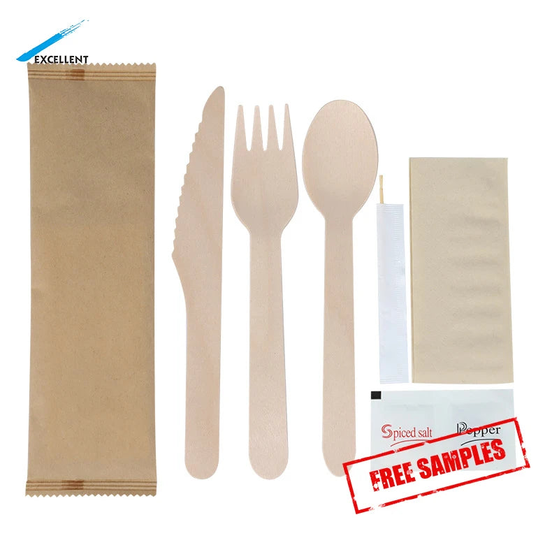 Factory Direct Sale Cutlery Set Biodegradable Wooden Spoon Fork Knife Disposable Wooden Wrapped Cutlery for Party Wedding