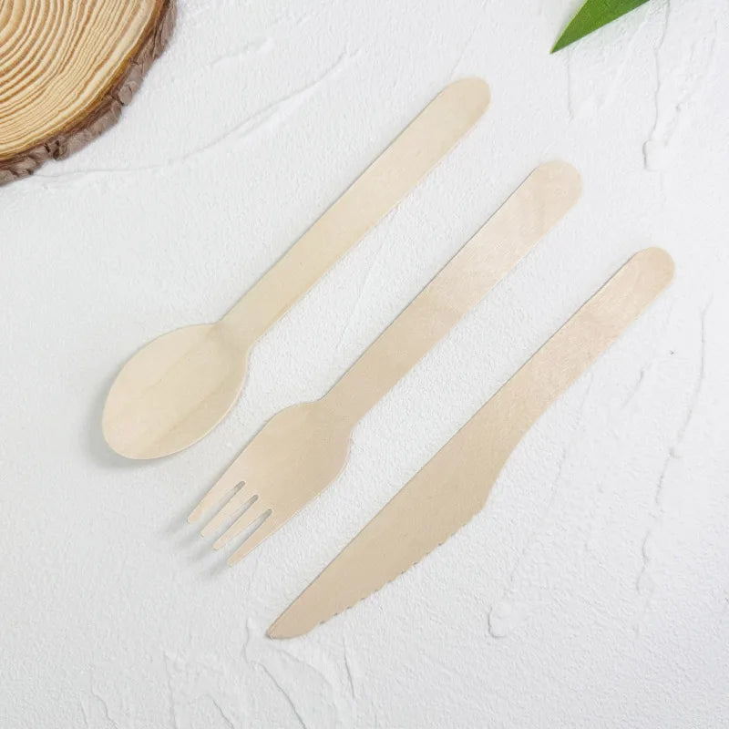 Eco-friendly Biodegradable Food Safe BPA Free Disposable Wooden Knife Fork Spoon Cutlery Set Free Sample Wholesale