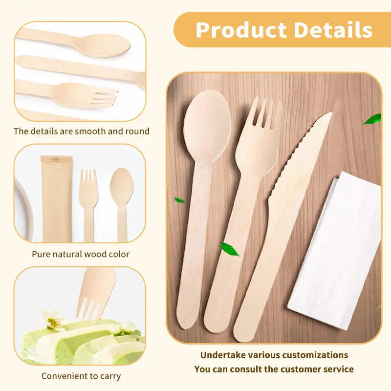 Hot Biodegradable Compostable 16cm Birch Wooden Cutlery Set Disposable Pre-Rolled Napkin Wooden Spoon Forks Knives