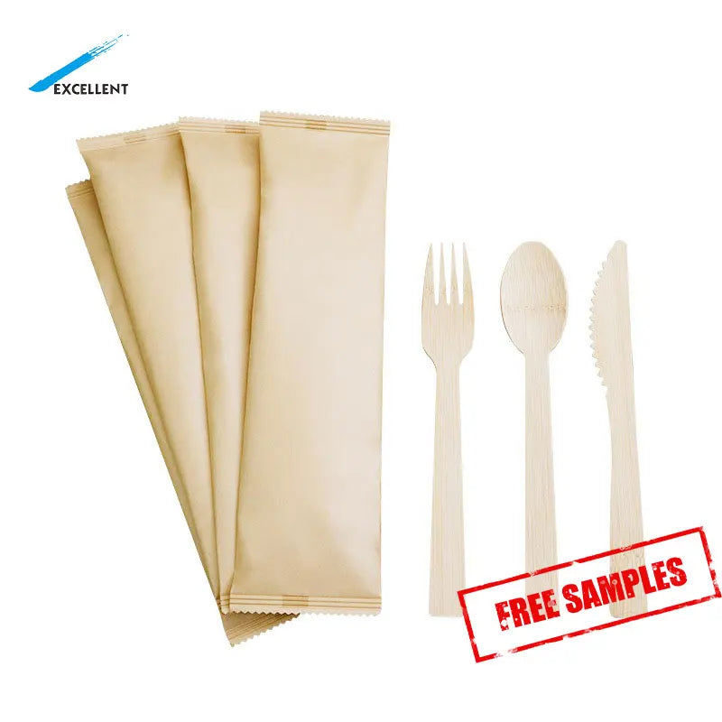 Free Samples  Bamboo Eating Fork Knife Spoon 170mm Disposable Bamboo Fork Spoon Knife Set