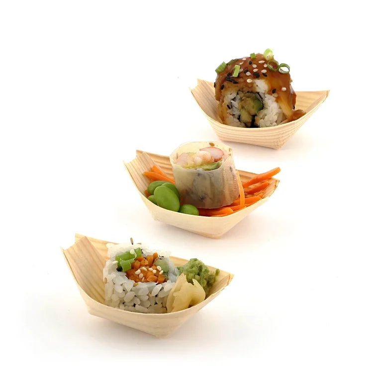 Factory Direct Wholesale Disposable Sushi Wooden Boat Shape Tray Disposable Wooden Dishes and Sushi Plate