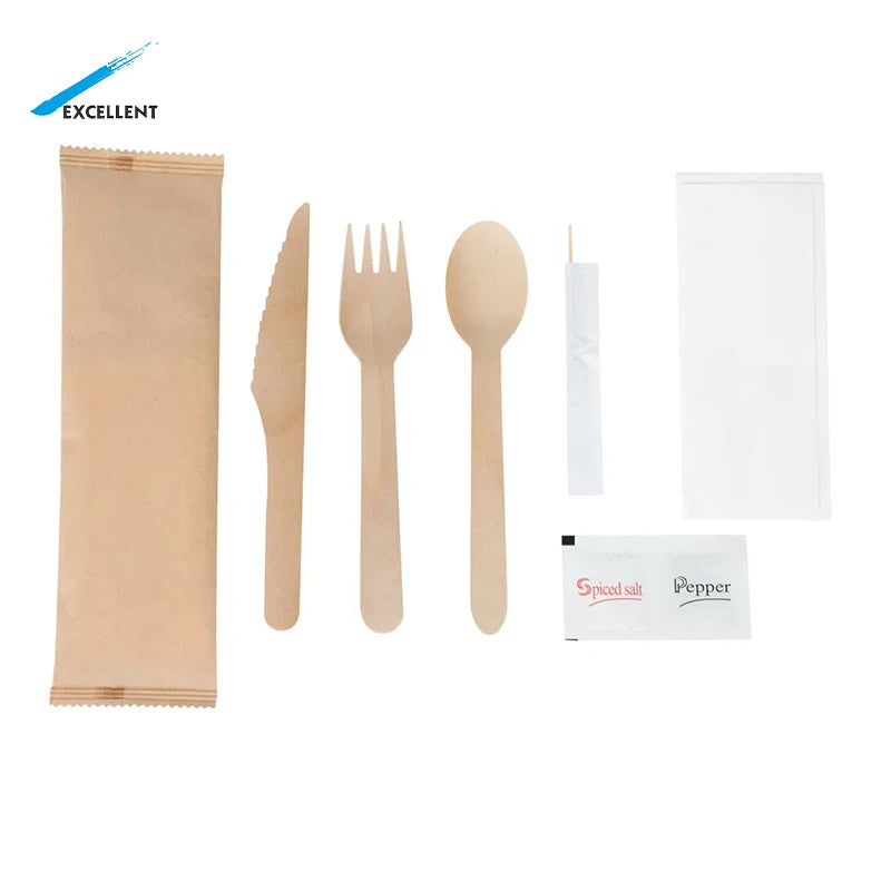 Biodegradable Cutlery Takeaway Sets Individually Pack Wooden Spoon Fork and Knife Wooden Cutlery