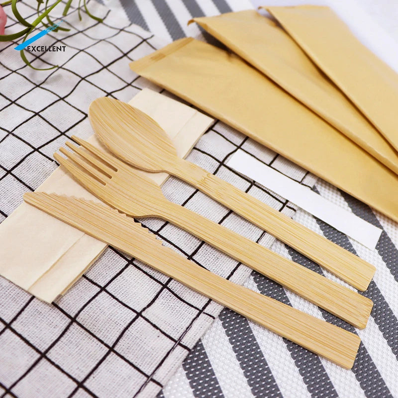 Good Quality Control 170mm Disposable Bamboo Fork Spoon Knife Set Bamboo Spoon and Fork Set Bamboo Forks Bulk