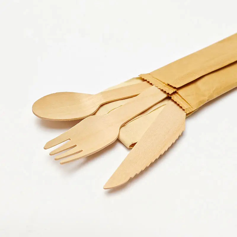 Factory Direct Sale Cutlery Set Biodegradable Wooden Spoon Fork Knife Disposable Wooden Wrapped Cutlery for Party Wedding